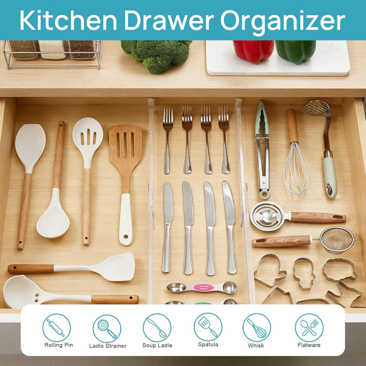 Vtopmart 8 Pack Shallow Drawer Dividers, 2.36" High 12.5"-20.8" Adjustable Expandable Kitchen Drawer Organizer, Clear Plastic Organizer Separators for Flatware, Utensil, Cutlery, Underwear, Clothes