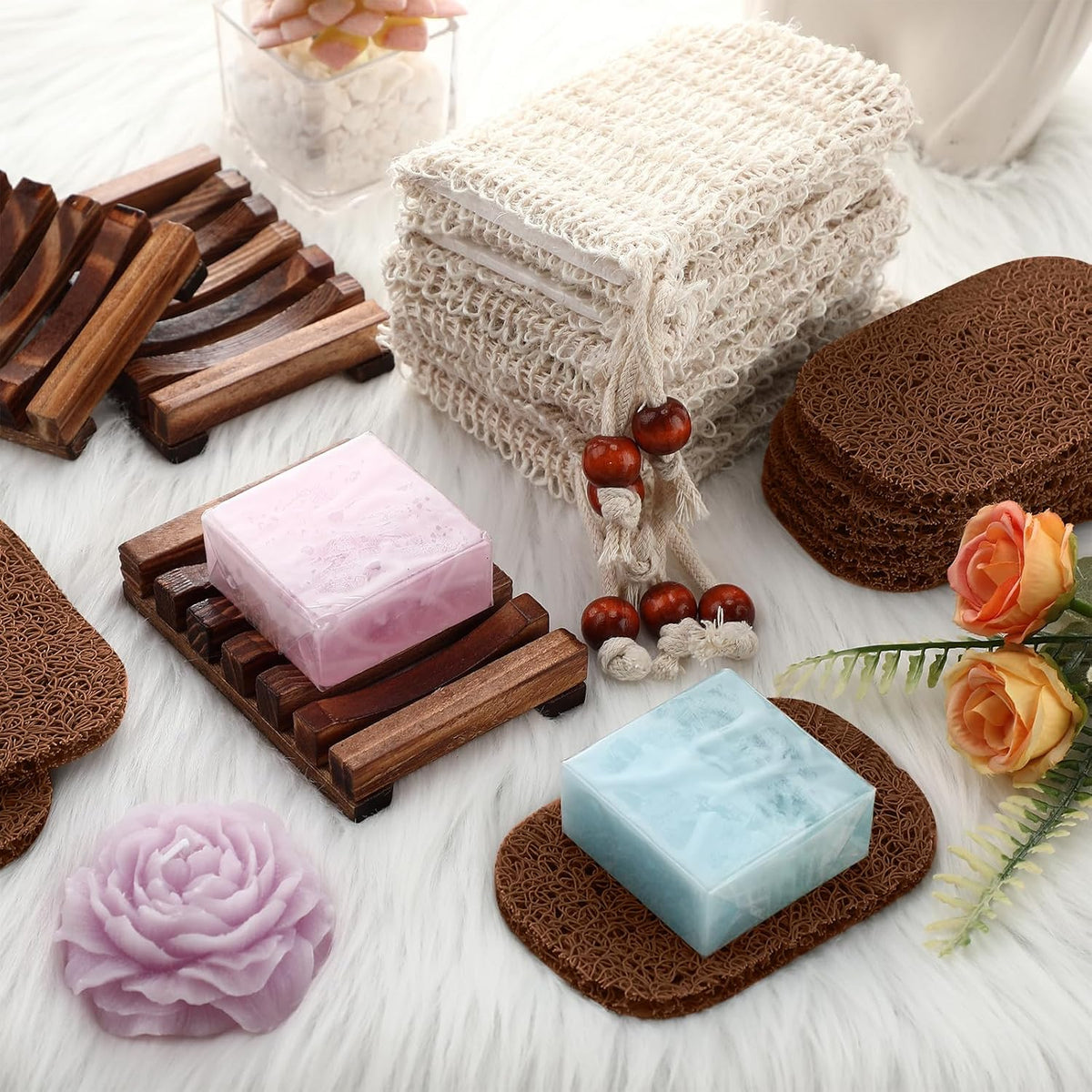 Baderke Soap Saver Wooden Dish Holder Bag and Pads, Brown Color, 36 Pcs
