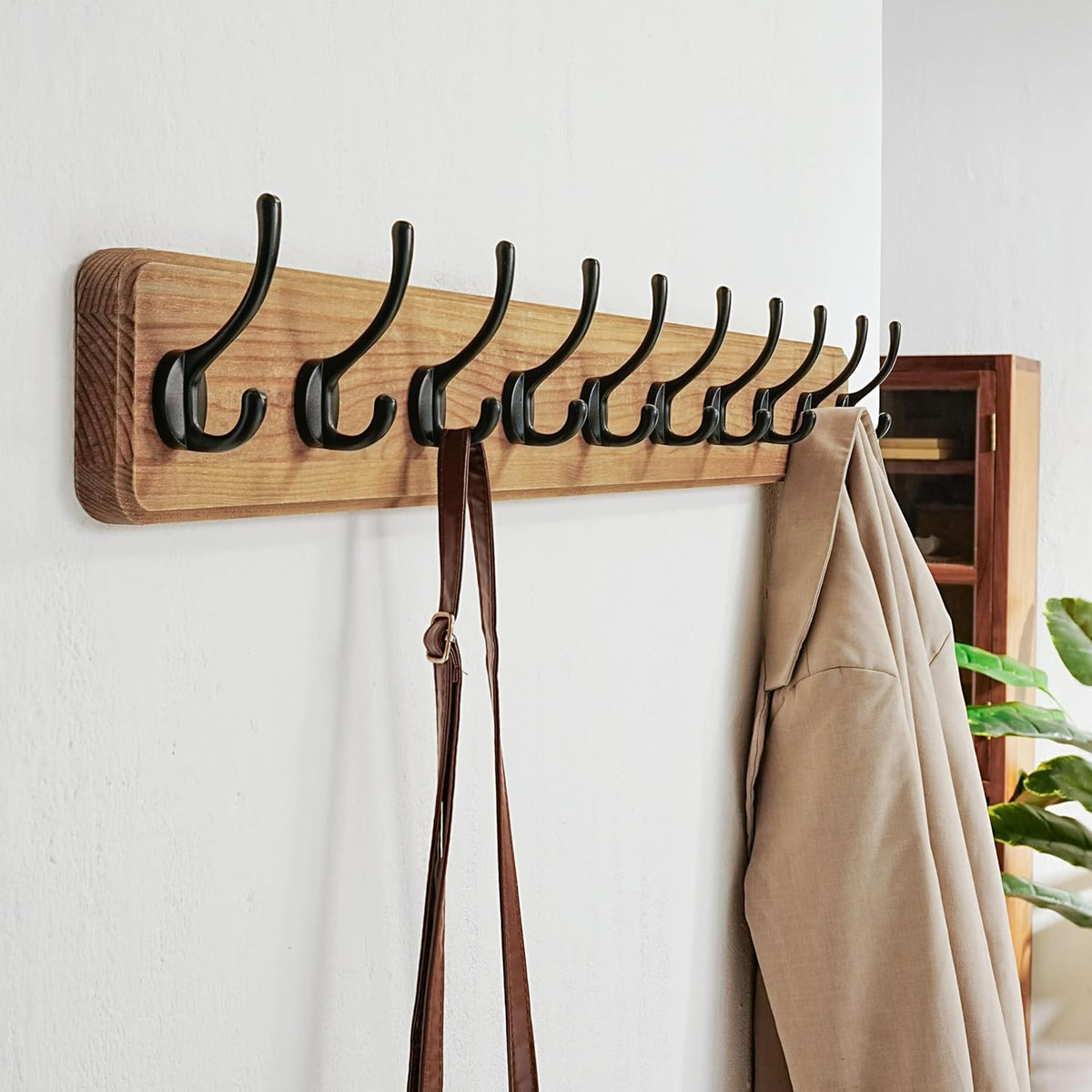 Dseap Coat Rack Wall: 38-1/4" Long, Patented, Heavy-Duty, 10-Double-Hooks Wooden Wall Mounted Coat Rack Coat Hanger Hook Rail for Winter Coats Hat Jacket Clothing, Weathered Brown