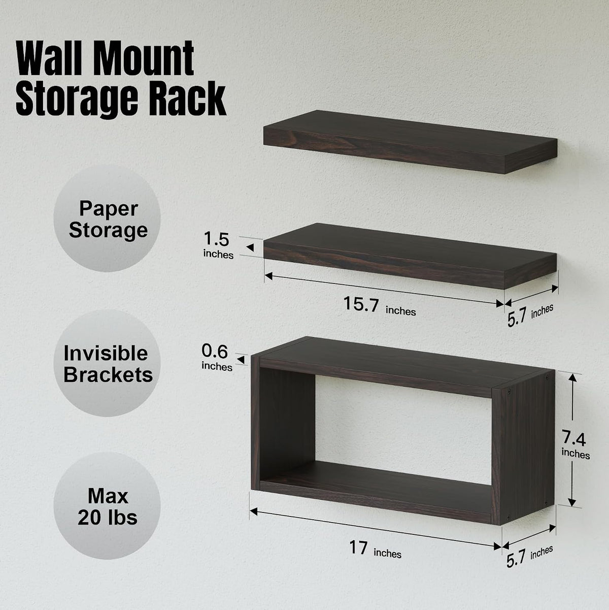 RICHER HOUSE 3-Set Walnut Floating Wall Shelves, Bathroom Shelf Over Toilet