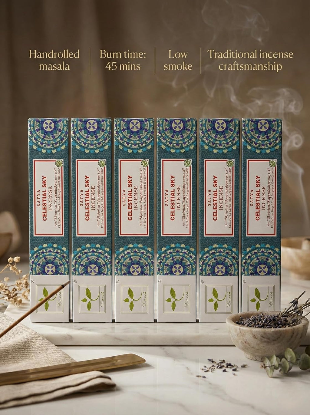 Earth Satya Celestial Sky Perfumed Incense Sticks 15g (Pack of 6) Hand Rolled Natural Incense for Meditation Relaxation and Home Fragrance