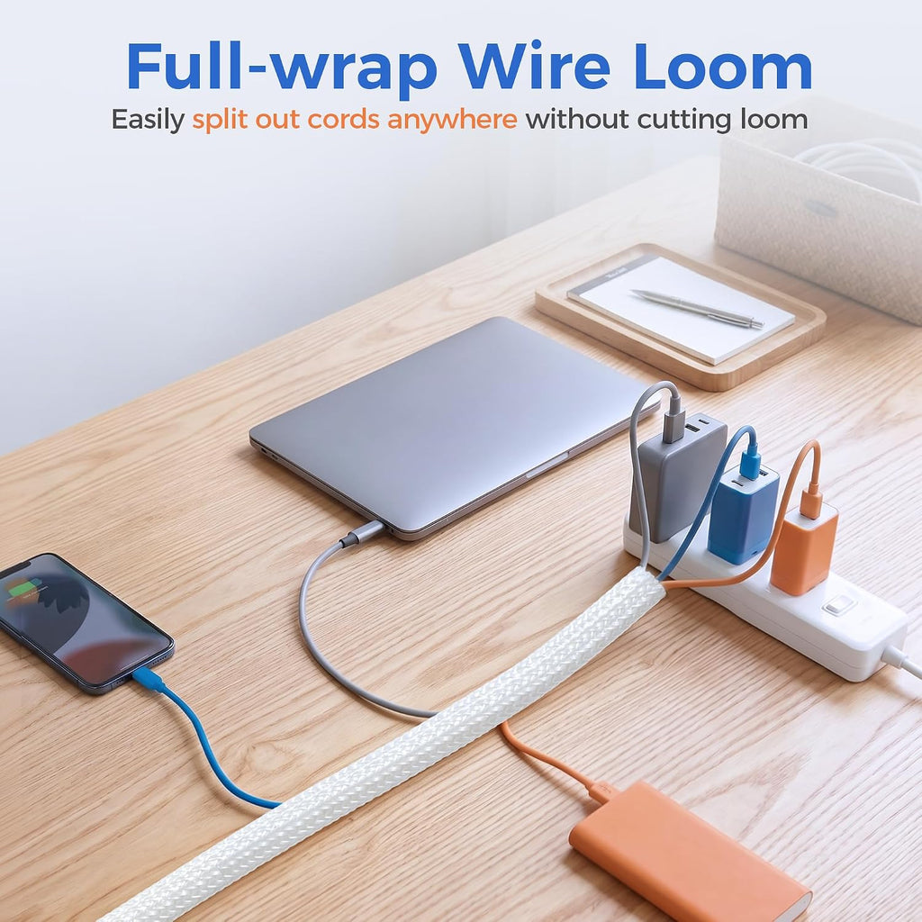 Delamu 10ft - 1/2 inch Cable Sleeve Cord Protector from Pets No Chew, Split-Braided PVC Wire Loom Tubing for Desk Computer USB TV Cord Organizer, Easy Set-up Cable Management Sleeve Kit, White
