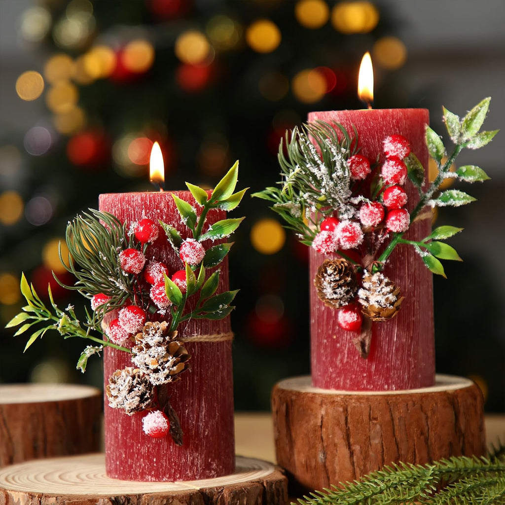 Conelist 2 Pcs Christmas Burgundy Pillar Candles 3 x 6in with Pine Branch