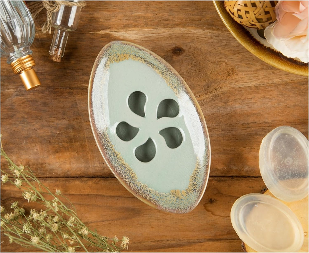 Ceramic Soap Dish with Self Draining Tray for Bar Soap, Bathroom, Kitchen (Pastel Blue)