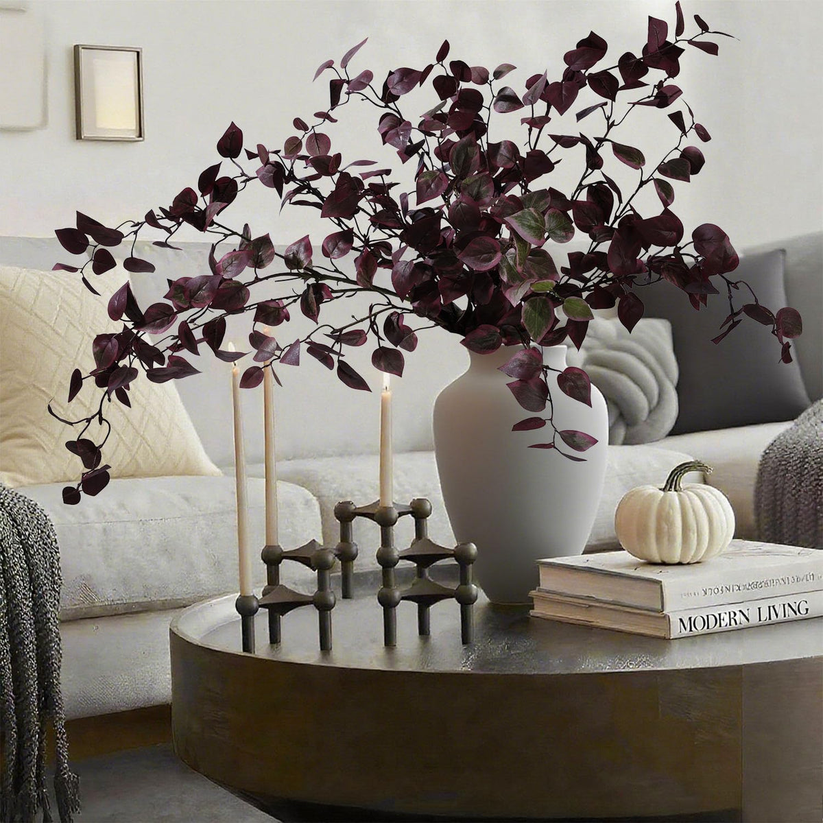 HyeFlora 5PCS Artificial Fall Eucalyptus Leaves Stem Plants, 32.7 inch Fake Leaves Autumn Greenery Branches Burgundy Shrubs Silk Faux Foliage DIY Stems for Thanksgiving Festival Home Kitchen Farmhouse