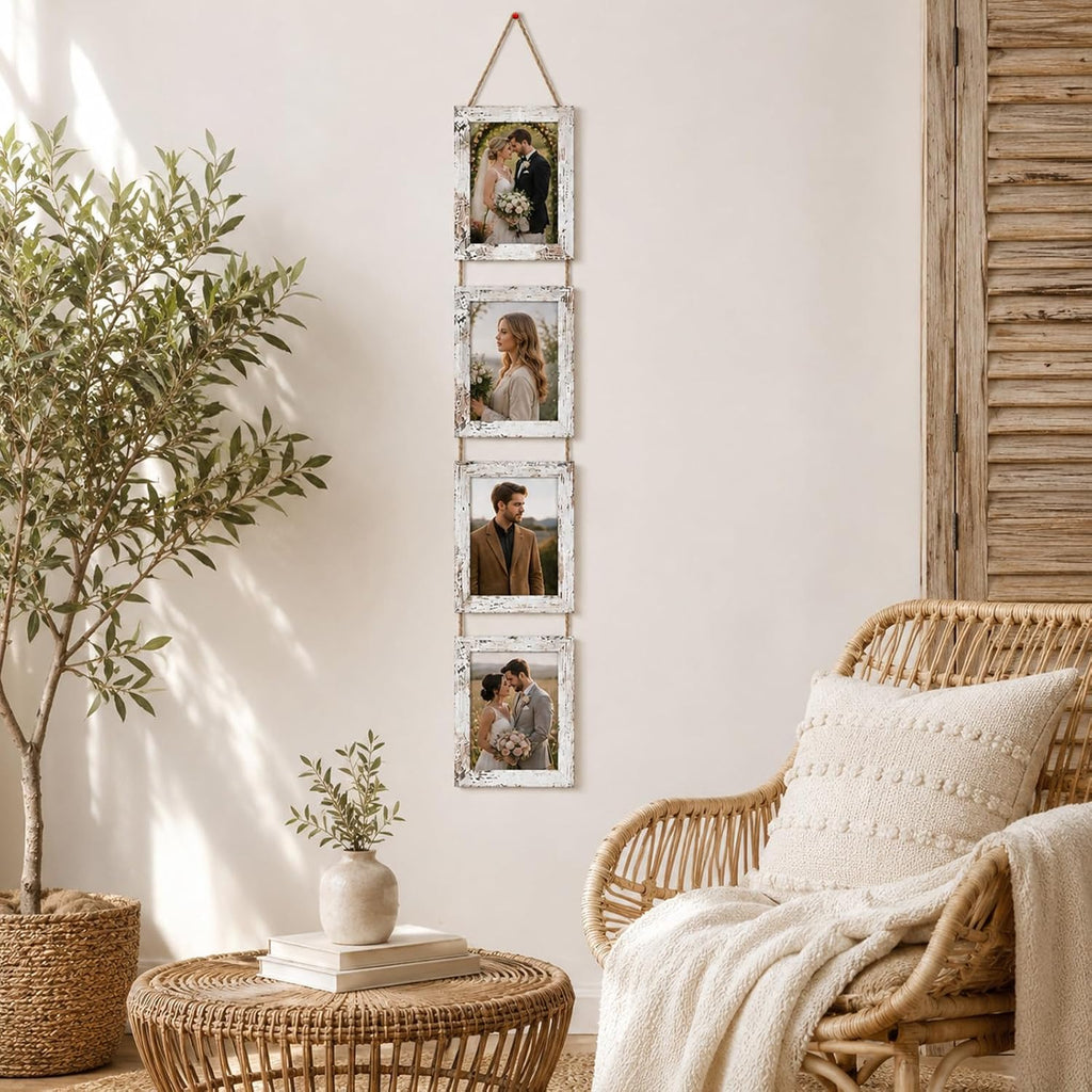4x6 Distressed White Hanging Collage Picture Frames Set of 2, 8 Openings Collage Photo Frames Rustic Wooden Real Glass Vertical Hanging（Distressed White）