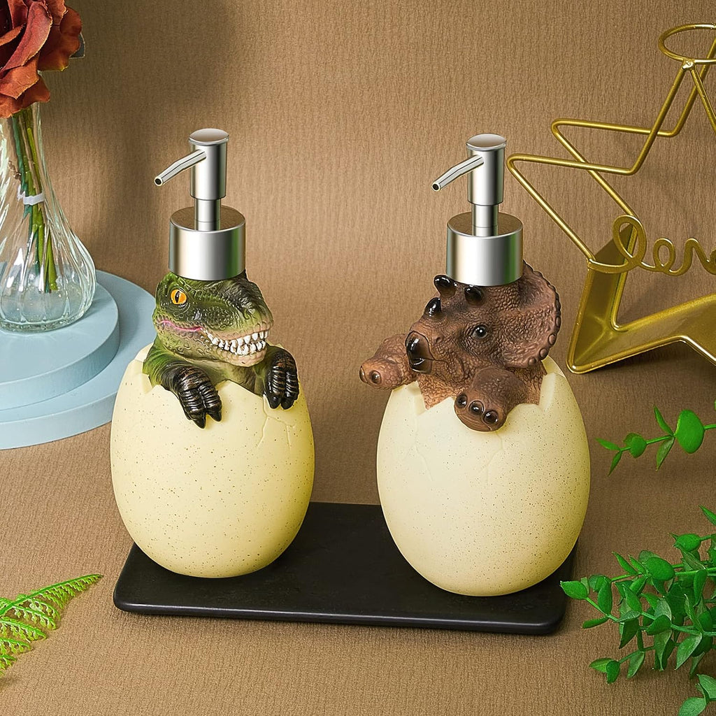 Dinosaur Soap Dispenser 2 Pieces Egg Kids Soap Dispenser Cute Dinosaur Bathroom Accessories Animal Shower Lotion Liquid Refillable Shampoo Bottle with Pump for Kitchen Bath Countertop Decor
