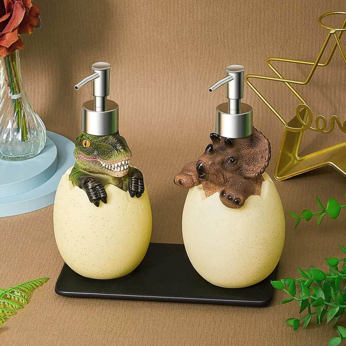 Dinosaur Soap Dispenser 2 Pieces Egg Kids Soap Dispenser Cute Dinosaur Bathroom Accessories Animal Shower Lotion Liquid Refillable Shampoo Bottle with Pump for Kitchen Bath Countertop Decor