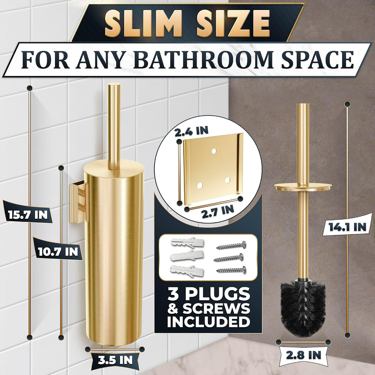 Brushed Gold Toilet Brush and Holder Set, Wall Mounted Toilet Brush Holder