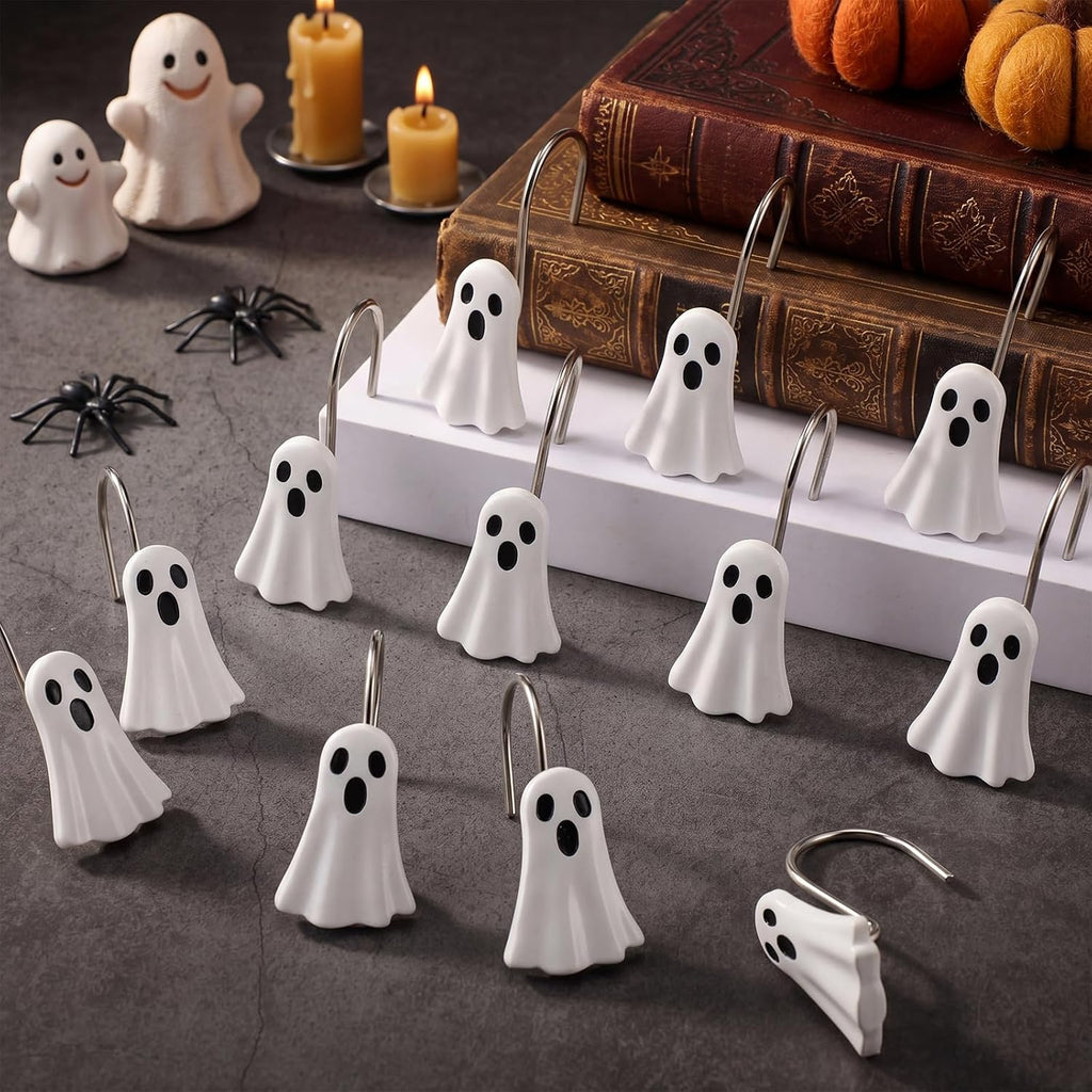Weysat 12 Pcs White Ghost Halloween Shower Curtain Hooks Bathroom Decor
