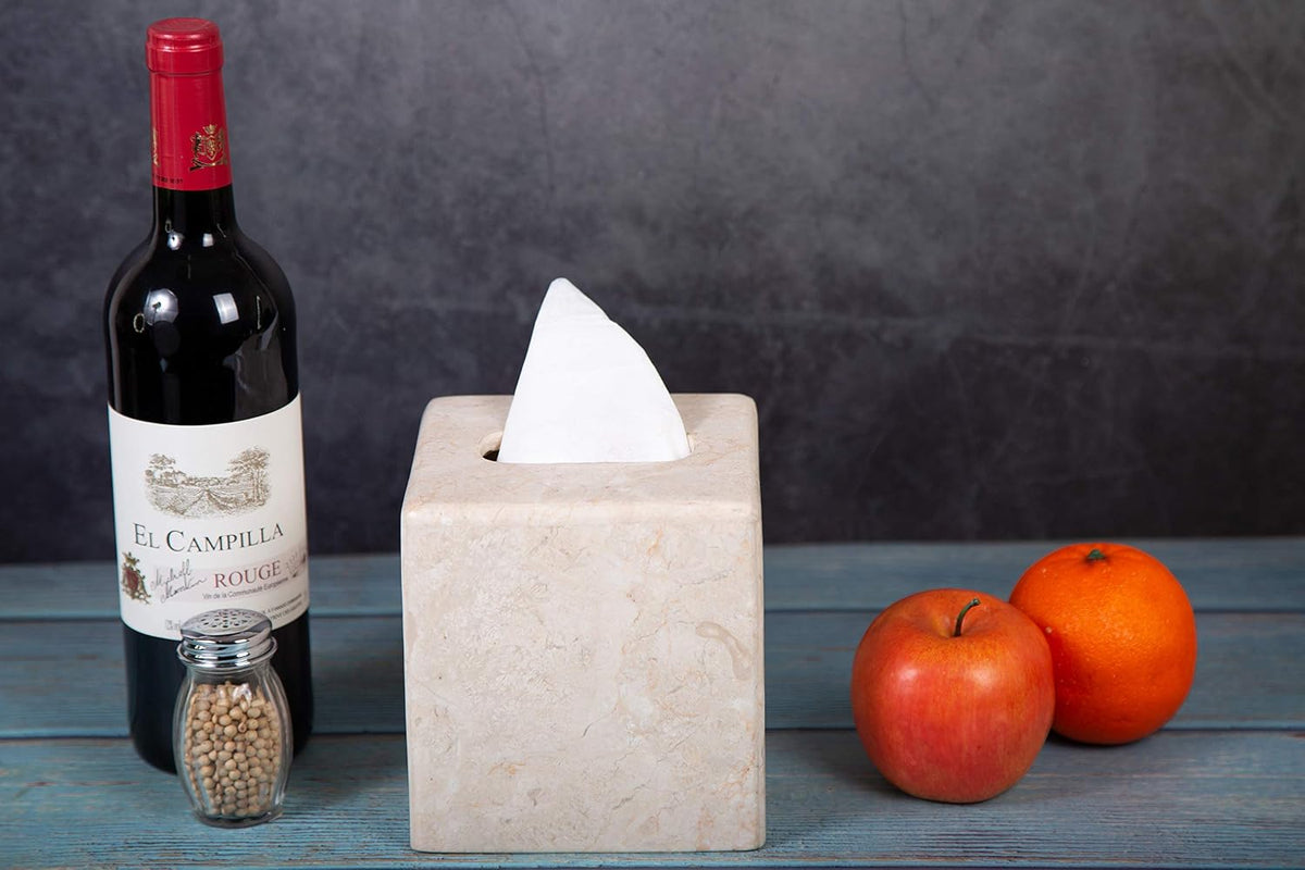 Creative Home Natural Marble Tissue Box Cover, Square Beige Tissue Holder, 5.4 x 5.4 x 5.6 H Inch (Pack of 2)