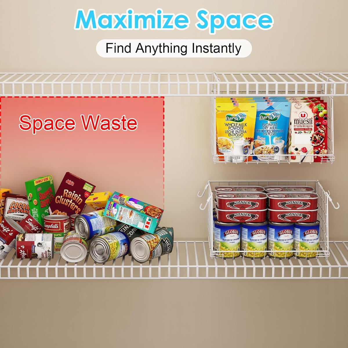 3-Pack Under Shelf Hanging Baskets Space-Saving Pantry Shelf Organizer