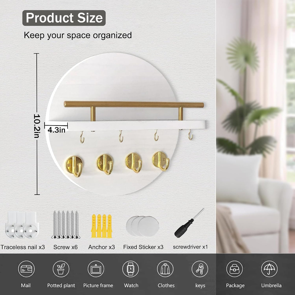 10.2" Key Holder Wall Mount with Shelf & Mail Organizer, 8 Hooks White