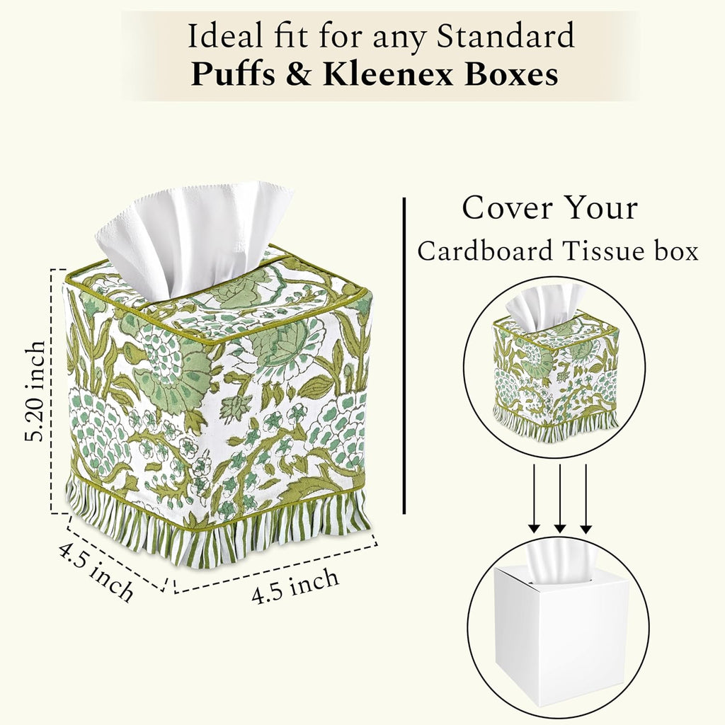 CPC 100% Cotton Ruffle Block Print Tissue Box Cover, Agate Green