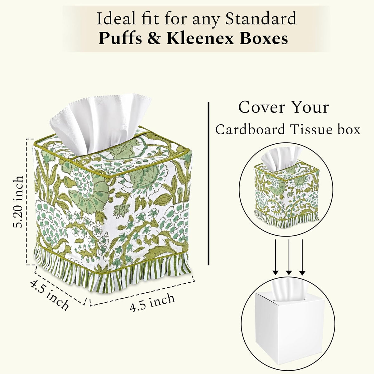 CPC 100% Cotton Ruffle Block Print Tissue Box Cover, Agate Green