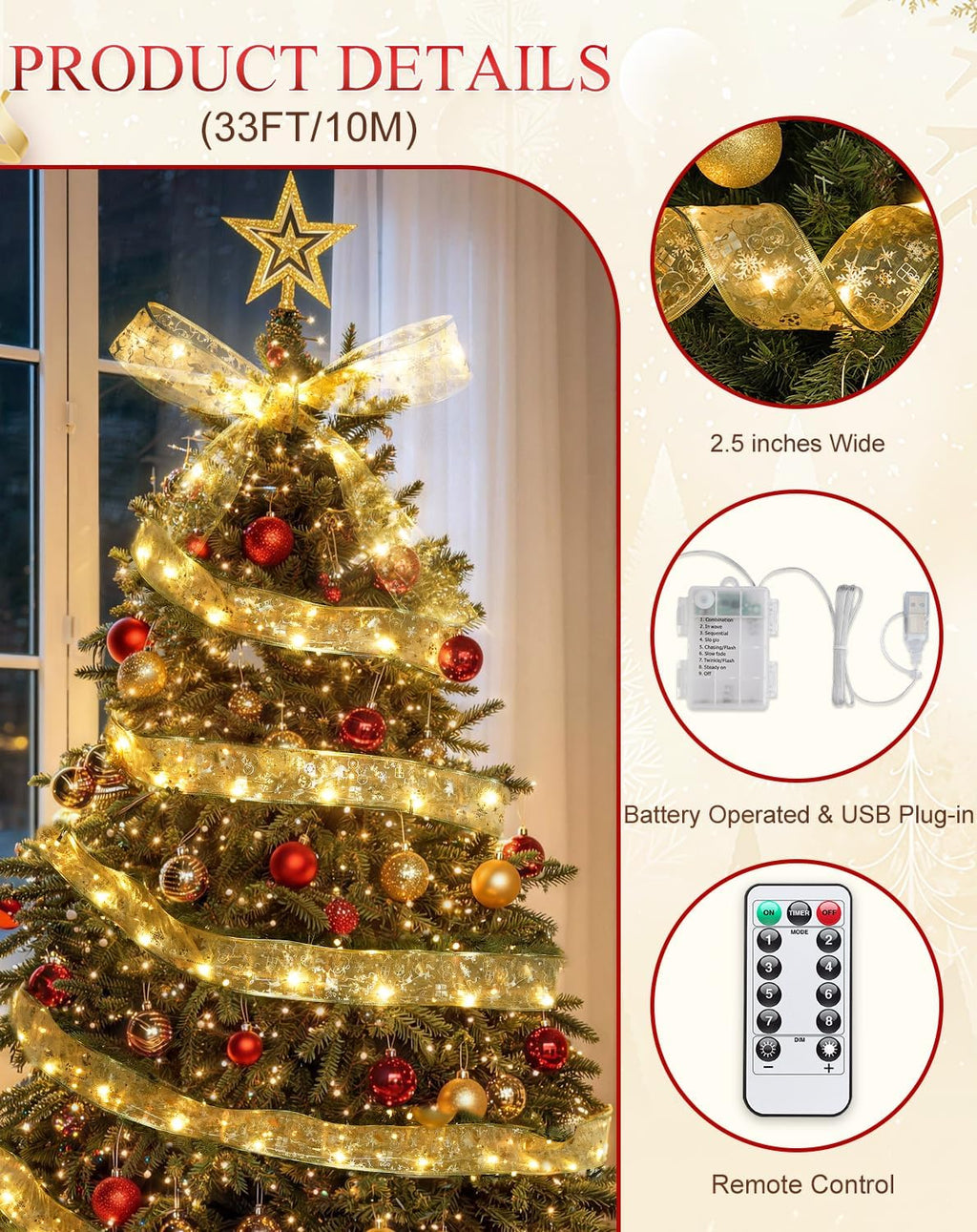 JMEXSUSS 33Ft 100 LED 2.5Inch Christmas Tree Ribbon Lights Remote Control