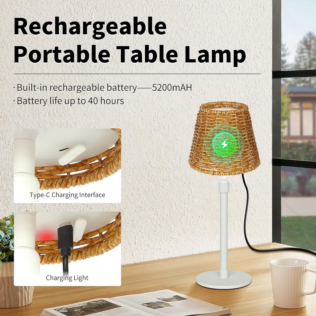 Mr.White Outdoor Waterproof Rechargeable Cordless Table Lamp with Wicker Shade, 5200mAh Battery Operated Table Light with Telescopic Pole, for Patio Restaurant Kitchen (White)