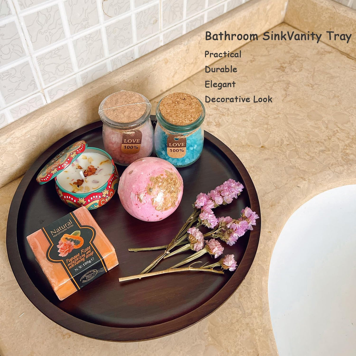 Wood Vanity Tray, Bathroom Counter Solid Walnut Organizer, Toilet Tank Top Wooden Serving Plate for Dinner Tea Coffee (Natural Walnut Color, 9.8 x 9.8 inch)