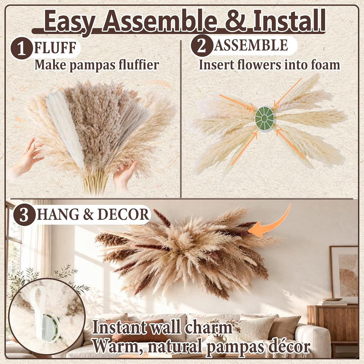 91PCS Natural Pampas Grass Wall Decor Kit, 35" DIY Boho Dried Flower Decor