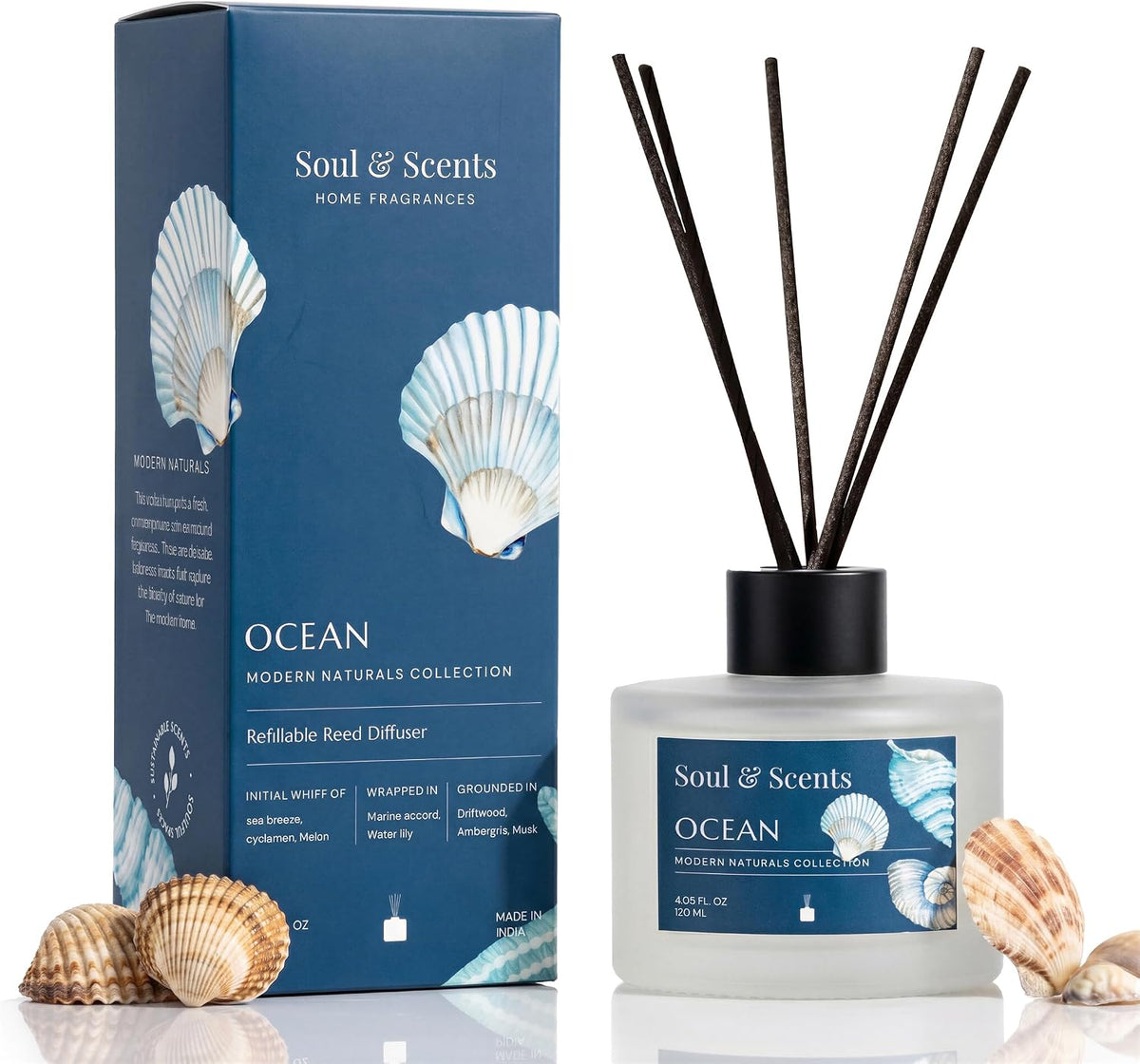 Soul & Scents Ocean Scented 4.06 oz (120ml) Reed Diffuser Set with 6 Fiber Sticks for Room Decor | Home Fragrance Reed Diffuser | Air Freshners for Home