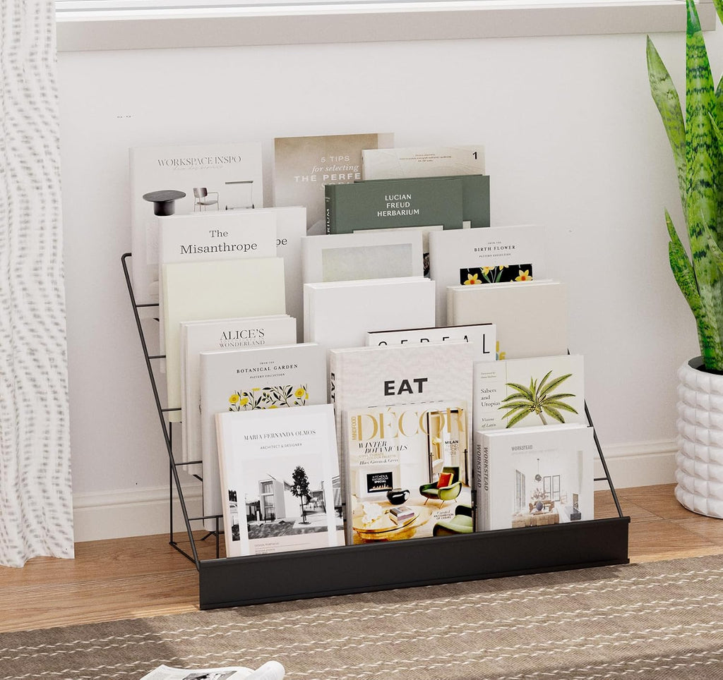 6-Tier 30" Wide Metal Magazine Holders with Sign Channel, Black