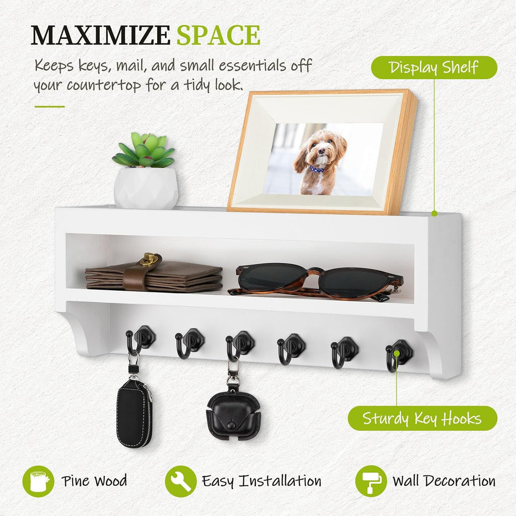 Nekon Key Holder Wall Mount, Pine Wooden Mail Organizer, White