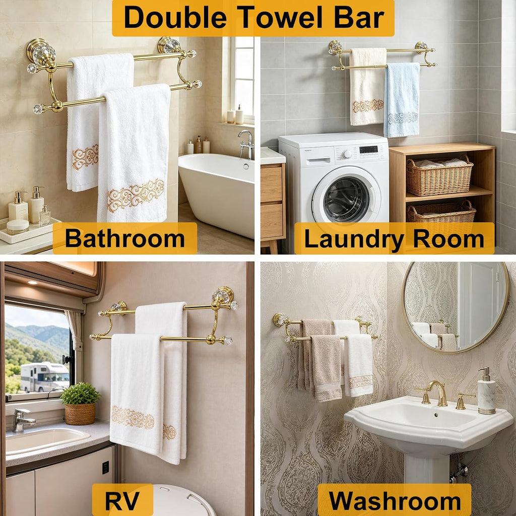Gold Double Towel Bar, Adjustable Crystal Towel Racks for Bathroom