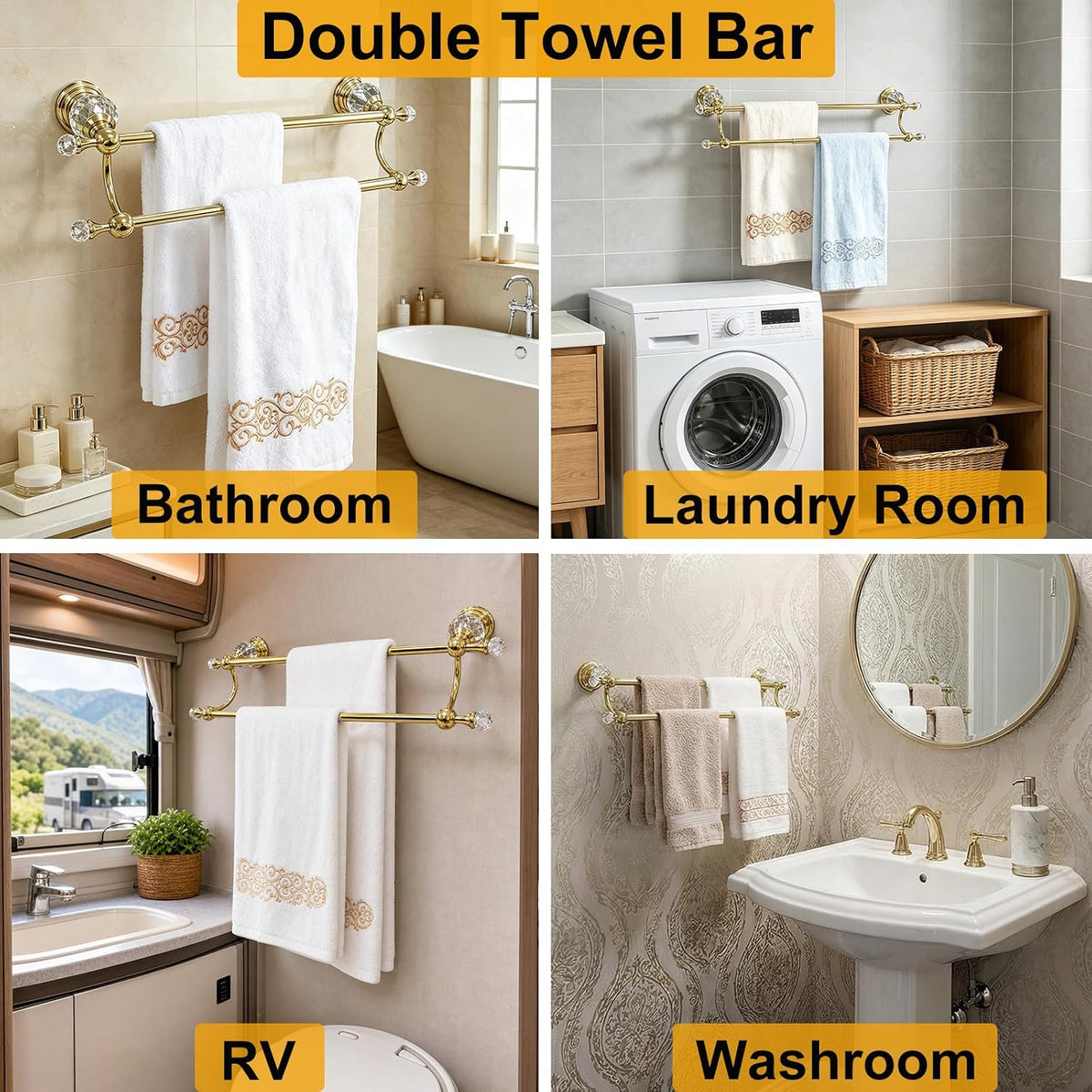 Gold Double Towel Bar, Adjustable Crystal Towel Racks for Bathroom