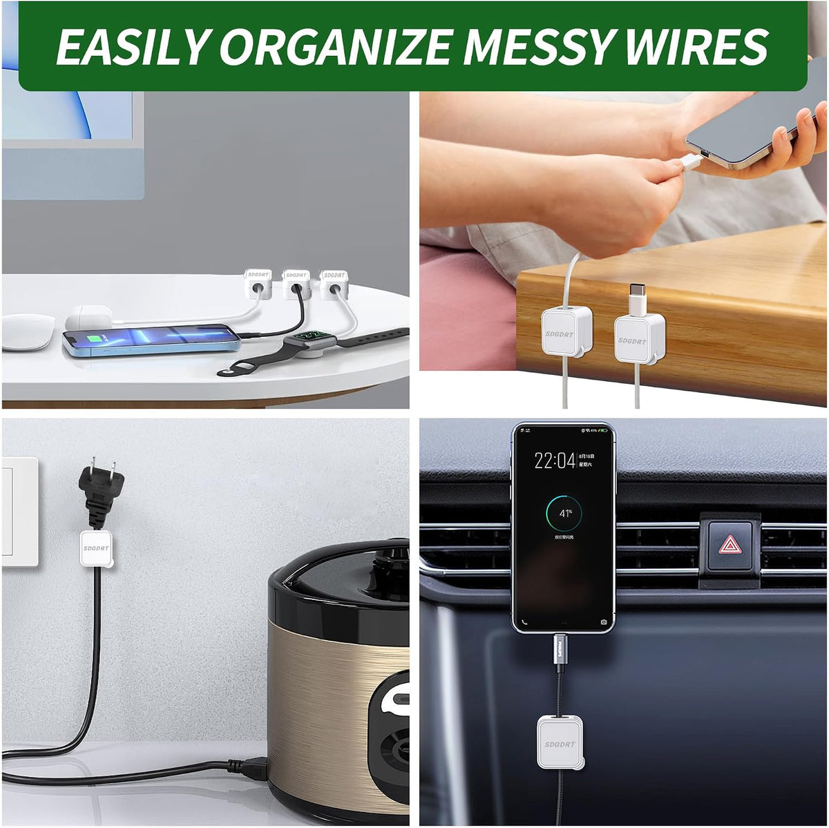 12 Pack Mini Magnetic Cord Holder, Residue-Free Self Adhesive Auto-Lock Cable Clips, Reusable Wire Keeper for Desktop, Car, Nightstand, Charging & Earphone Wires, White Cable Organizer Clips