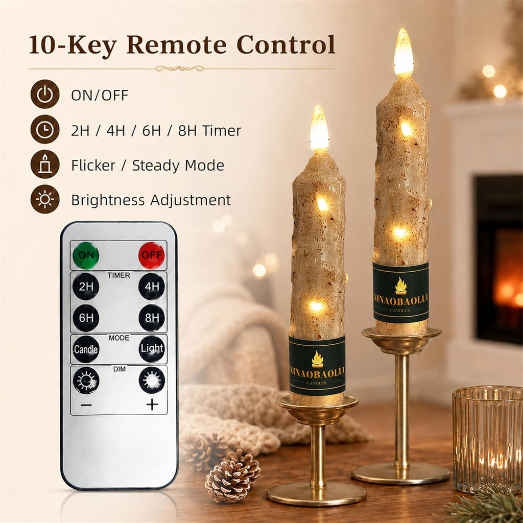 Wood Grain Flameless Taper Candles 4 Pack, 6.5 Inch LED Candles with Remote