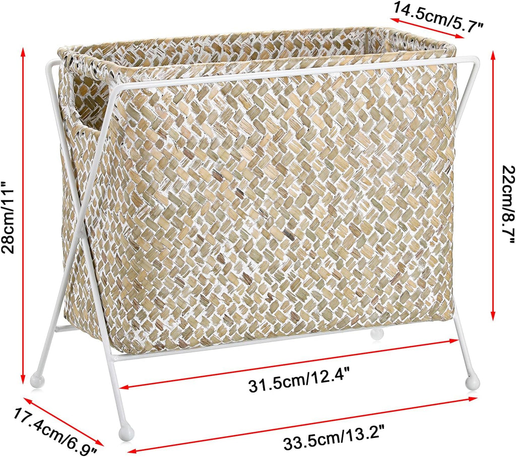 BTSKY Handwoven Magazine Holder, Natural Seagrass Magazine Basket with Metal Rack, Mail Holder Floor Organizer for Office, Living Room, Dorm, Bathroom, Woven Rattan File Basket with Handle (White)