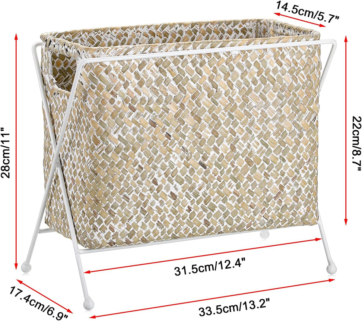 BTSKY Handwoven Magazine Holder, Natural Seagrass Magazine Basket with Metal Rack, Mail Holder Floor Organizer for Office, Living Room, Dorm, Bathroom, Woven Rattan File Basket with Handle (White)