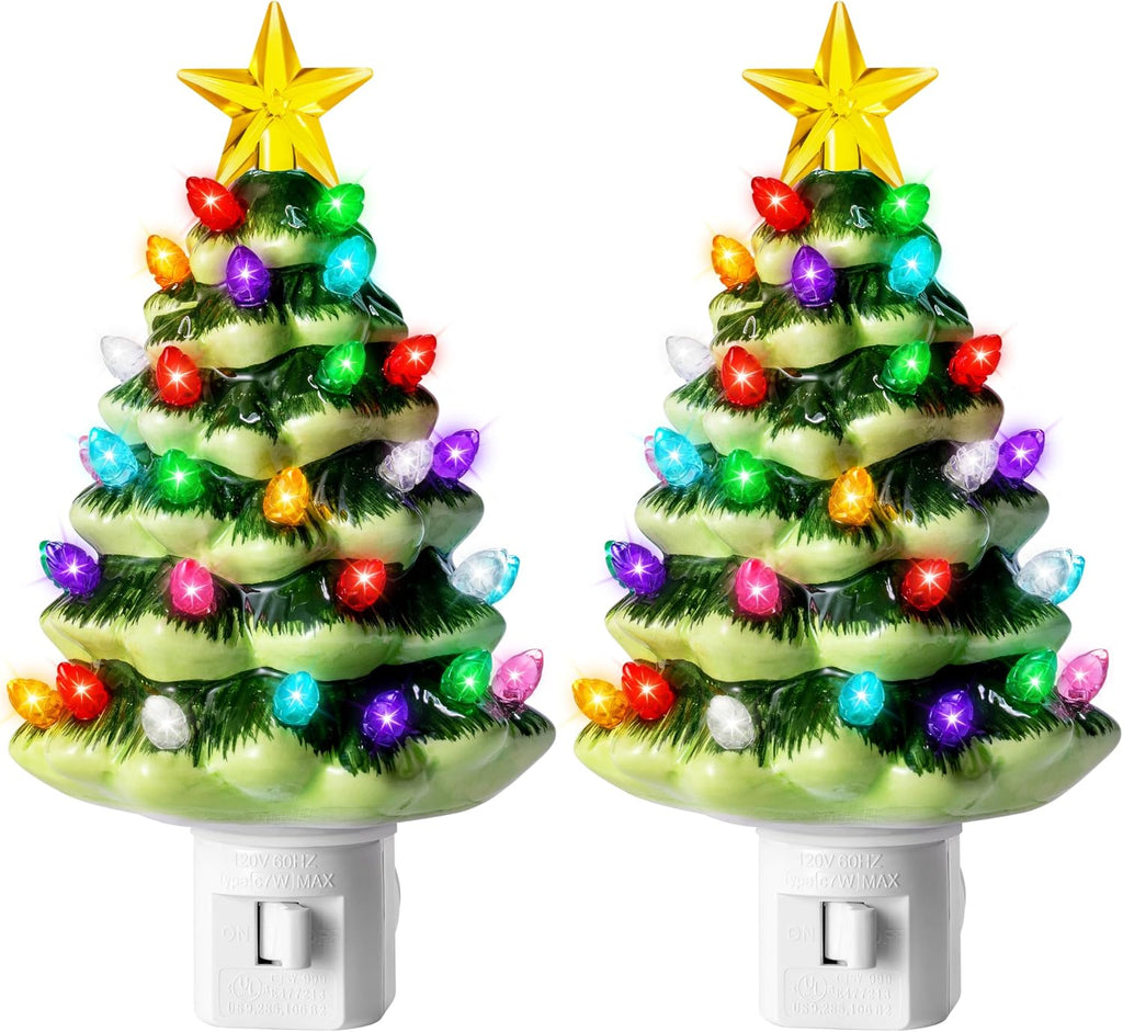 JOYIN 5.5" 2 Pcs Ceramic Xmas Tree Night Lights, Classic Christmas Decor Night Lights with 54 LEDs, Mini Tree Lights Plug in Christmas Decoration, Bedroom Living Room Hallway Holiday Indoor Decor