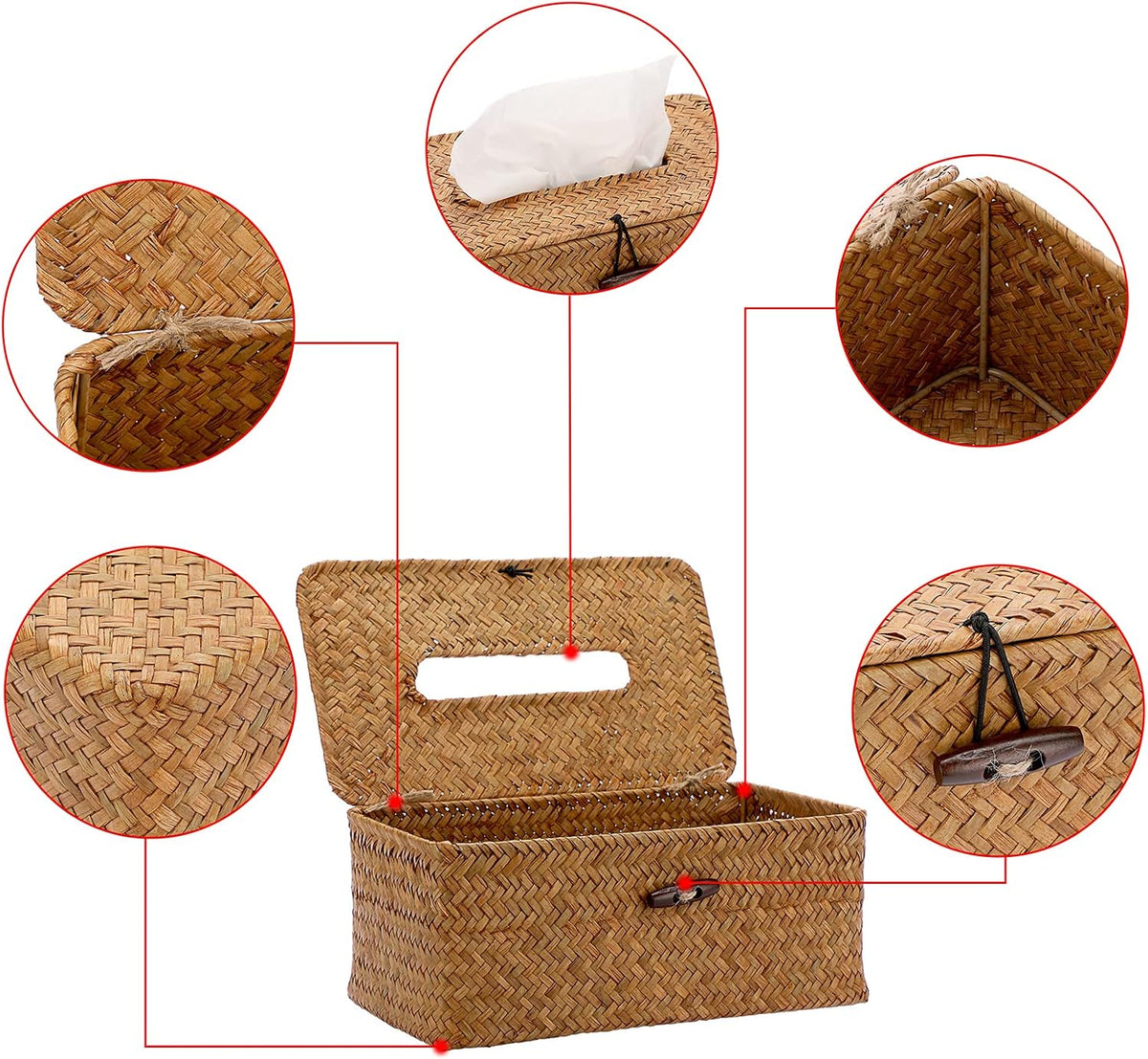 Sumnacon Tissue Box Cover Rectangle Seagrass Tissue Box Holder, Caramel,M