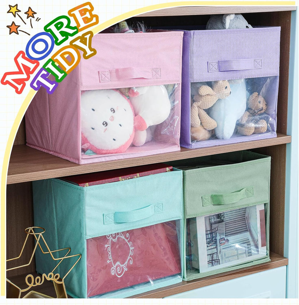 Marsui 12 Pcs Clear Cube Storage Bins Pink Collapsible Kids Storage Bins Fabric Classroom Organizer with Window for Kid Playroom Room Daycare Nursery(Pastel)