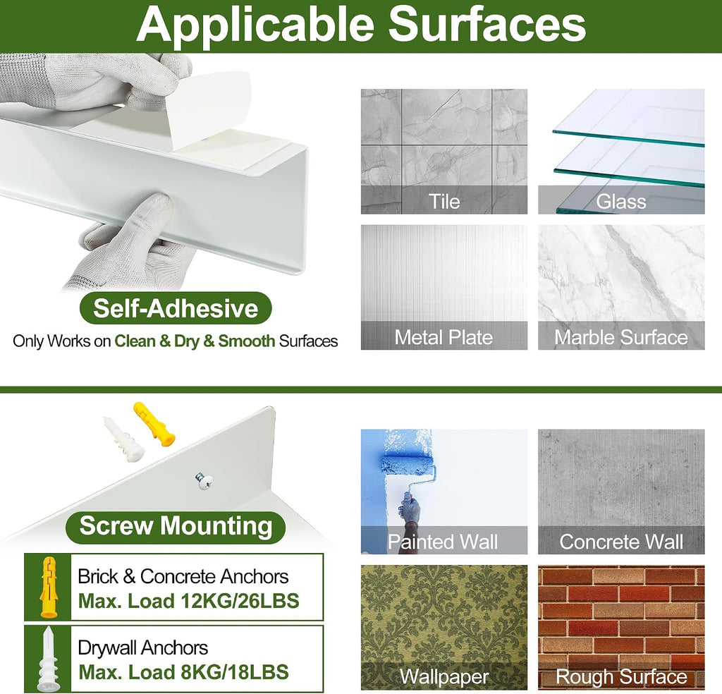 SAYAYO White Floating Shelves for Wall, 12 Inch Screw or Adhesive Shelves