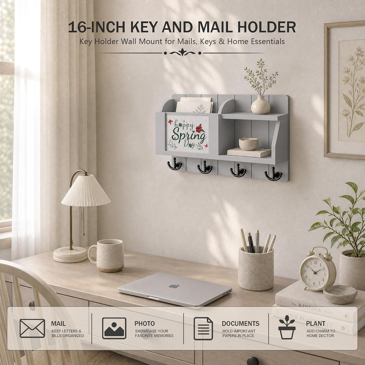 Rebee Vision Key Holder Wall Mount with Mail Organizer for Entryway, Gray