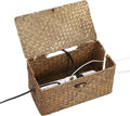 BTSKY Woven Cable Management Box with Lid, Seagrass Cord Organizer with 2 Open Slots for Power Strips & USB Hubs, Under Desk Cord Hider Box for Home Office, Pet Proofing Wire Basket, Small