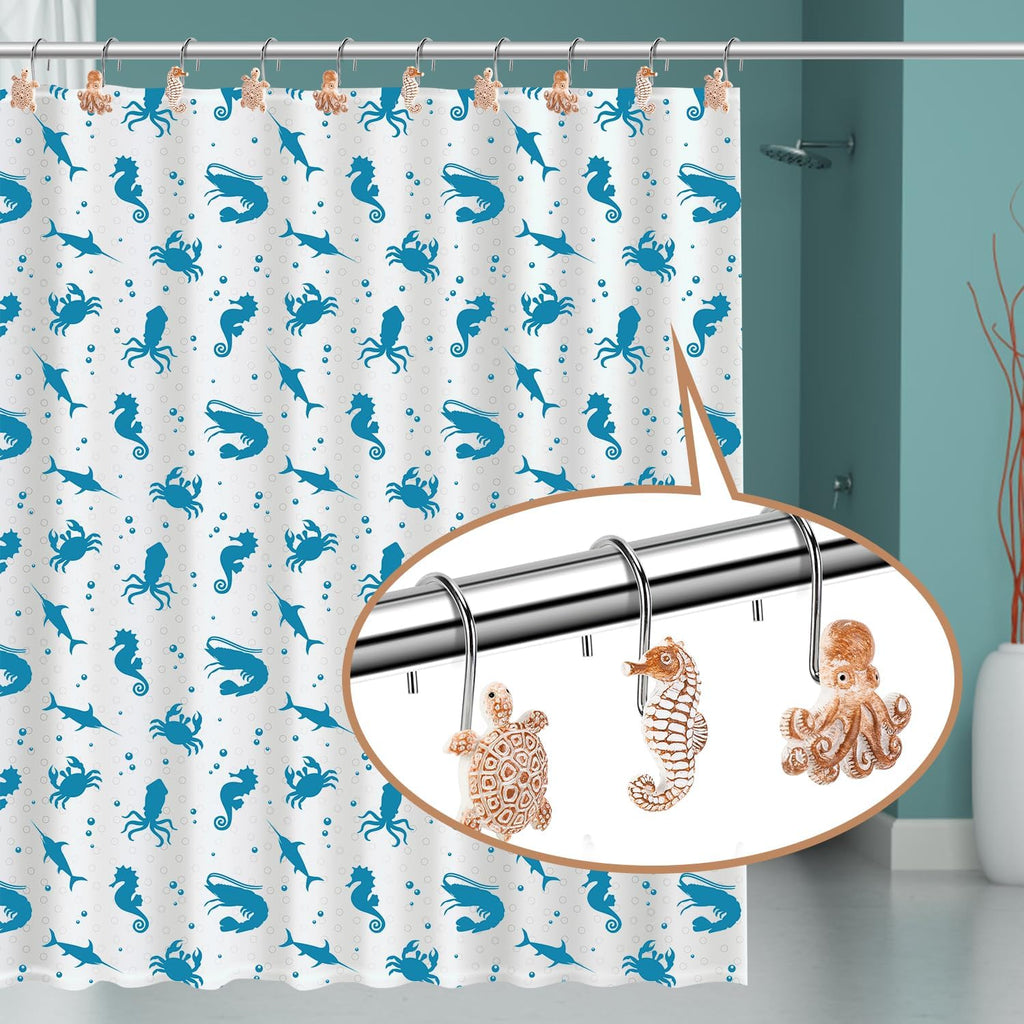 Seashell Shower Curtain Hooks, 12Pcs Decorative Anti-Rust Shower Hooks, Coastal Style Curtain Hooks for Bathroom Nursery Bedroom Living Room Decoration (Turtle Starfish Octopus)