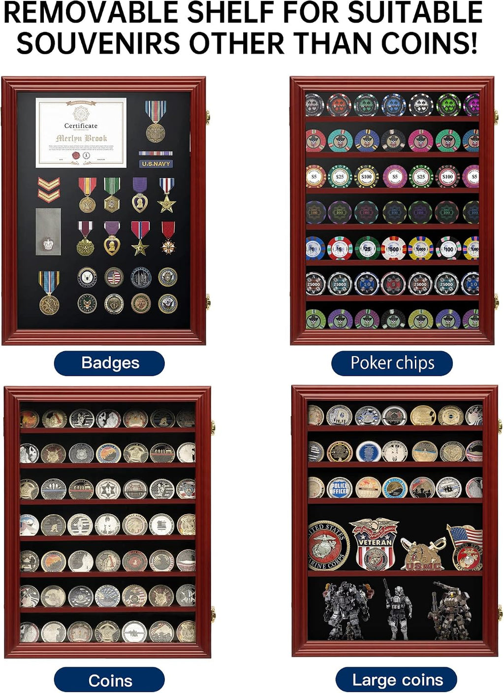 7 Rows Challenge Coin Holder Display Case with HD Tempered Glass Holds 100 coins, Wall-Mountable Military Shadow Box Cabinet with Removable 2-Groove Shelves for Medals and Casino Poker Chips, Mahogany