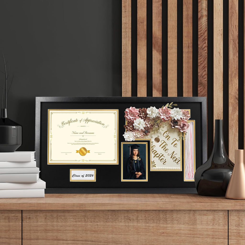 14x26 Black Shadow Box Diploma Frame with Graduation Cap & Tassel Holder for 8.5x11 Diploma and 4x6 Photo with MDF Wood and Plexiglass, Black Over Gold Mat for Wall, Graduation Keepsakes
