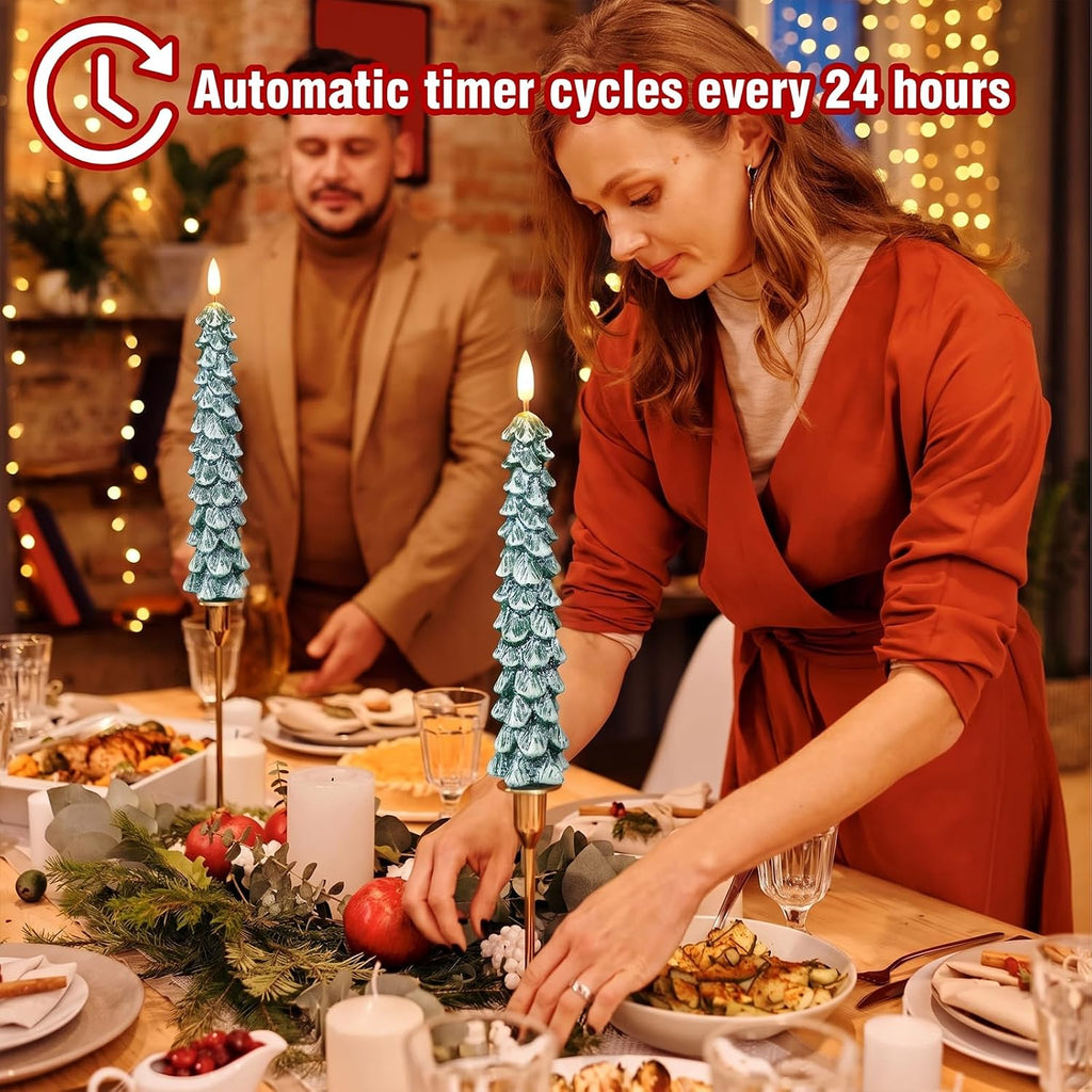 Christmas Tree Candles, Flameless Taper Candles with Frosted Green