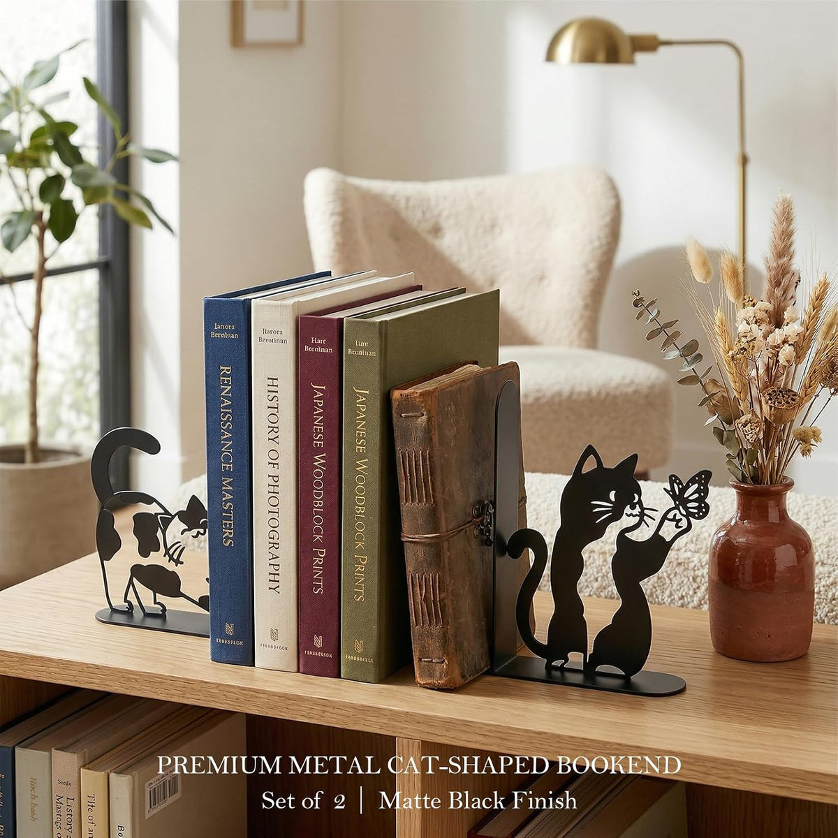 Cute Cat Bookends Metal Black Cat Book Ends for Shelves Bookshelf Decorative Accessories Home Office Desk Bookshelf Decor Cat Lover Gifts for Women