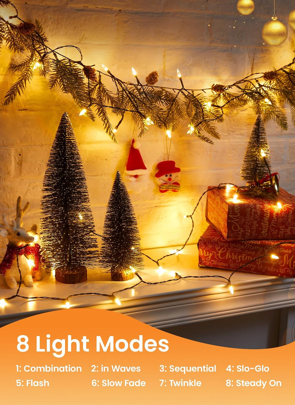 Brightown 200 LED Christmas Mini Lights, 75FT String Lights Indoor with 8 Light Modes, Connectable Fairy Lights Plug in for Outdoor Xmas Trees Garland Wreath Holiday Decorations, Warm White