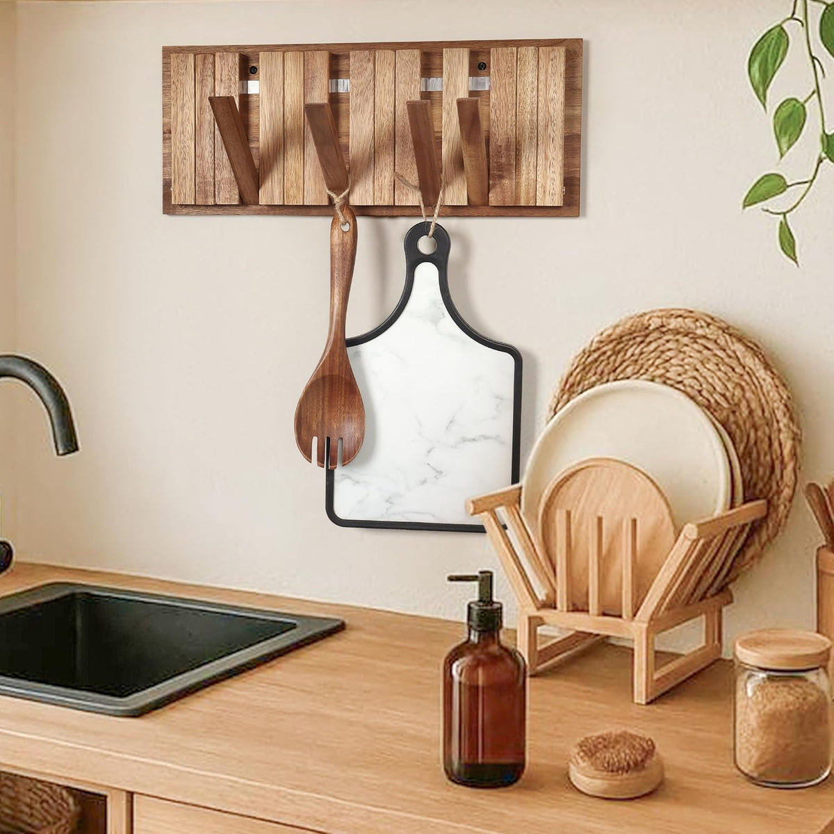 Wall Coat Rack for Entryway: Folding Wood Rustic 8 Hooks