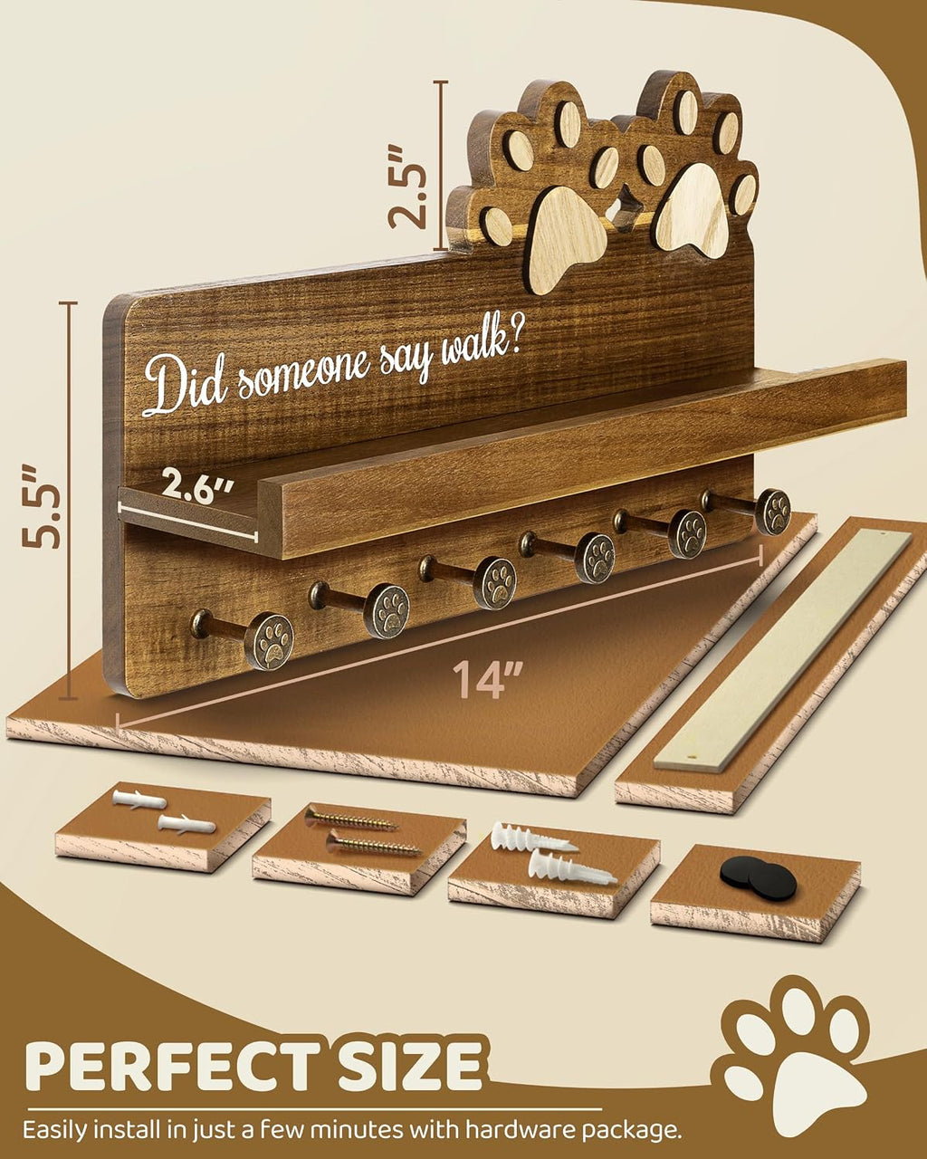 MTERSN Acacia Wood Dog Leash Holder for Wall with Shelf & 6 Hooks, Brown