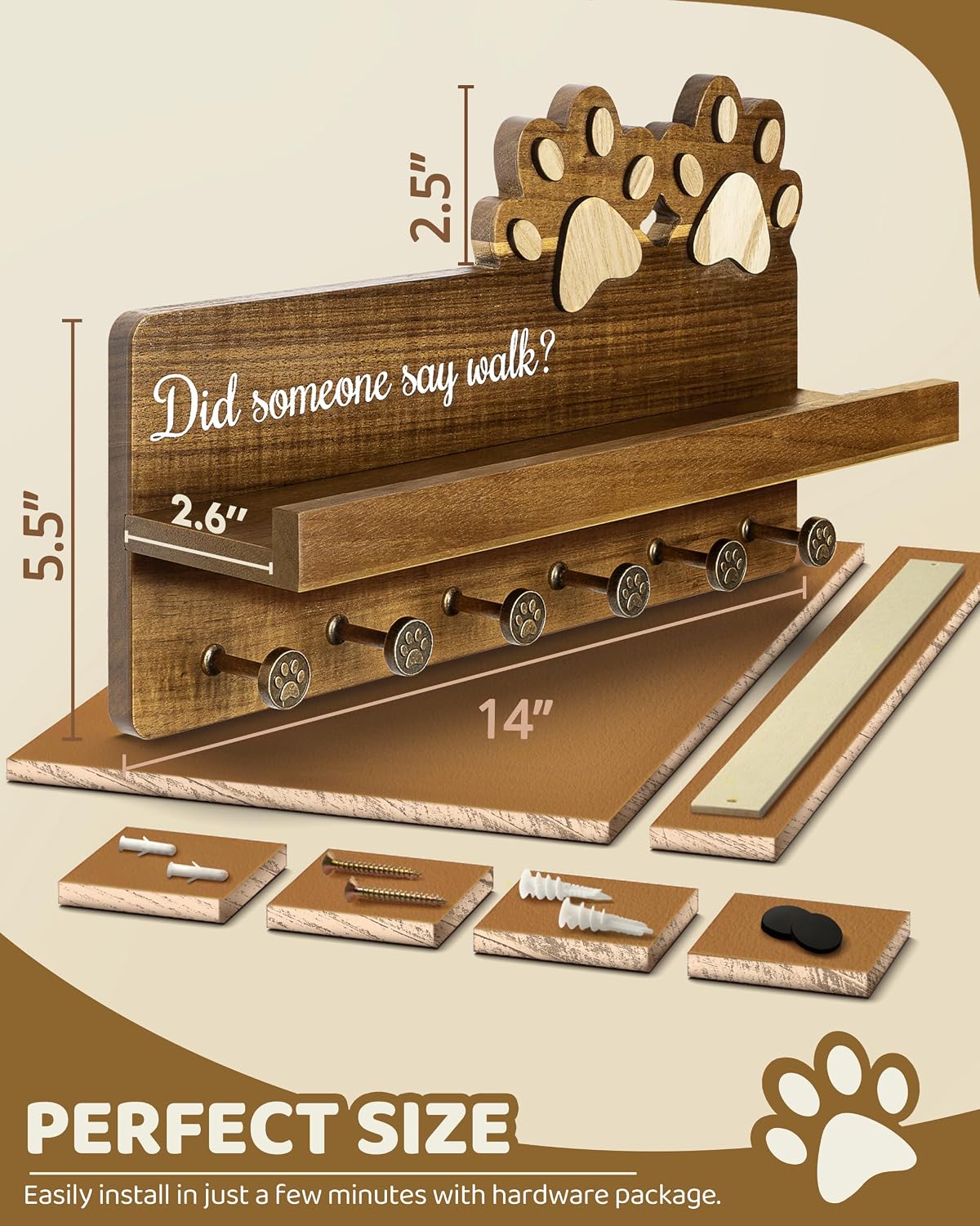 MTERSN Acacia Wood Dog Leash Holder for Wall with Shelf & 6 Hooks, Brown