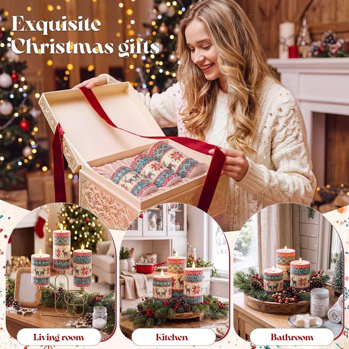 Retisee 3 Pcs Christmas Elk Knitted Sweater Flameless Candles 4" 5" 6"