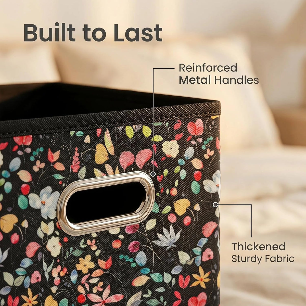 6pcs Black Floral Fabric Storage Cubes Organizer with Handles, Collapsible Sturdy Storage Bins for Organization, 10.5" x 10.5" x 11"
