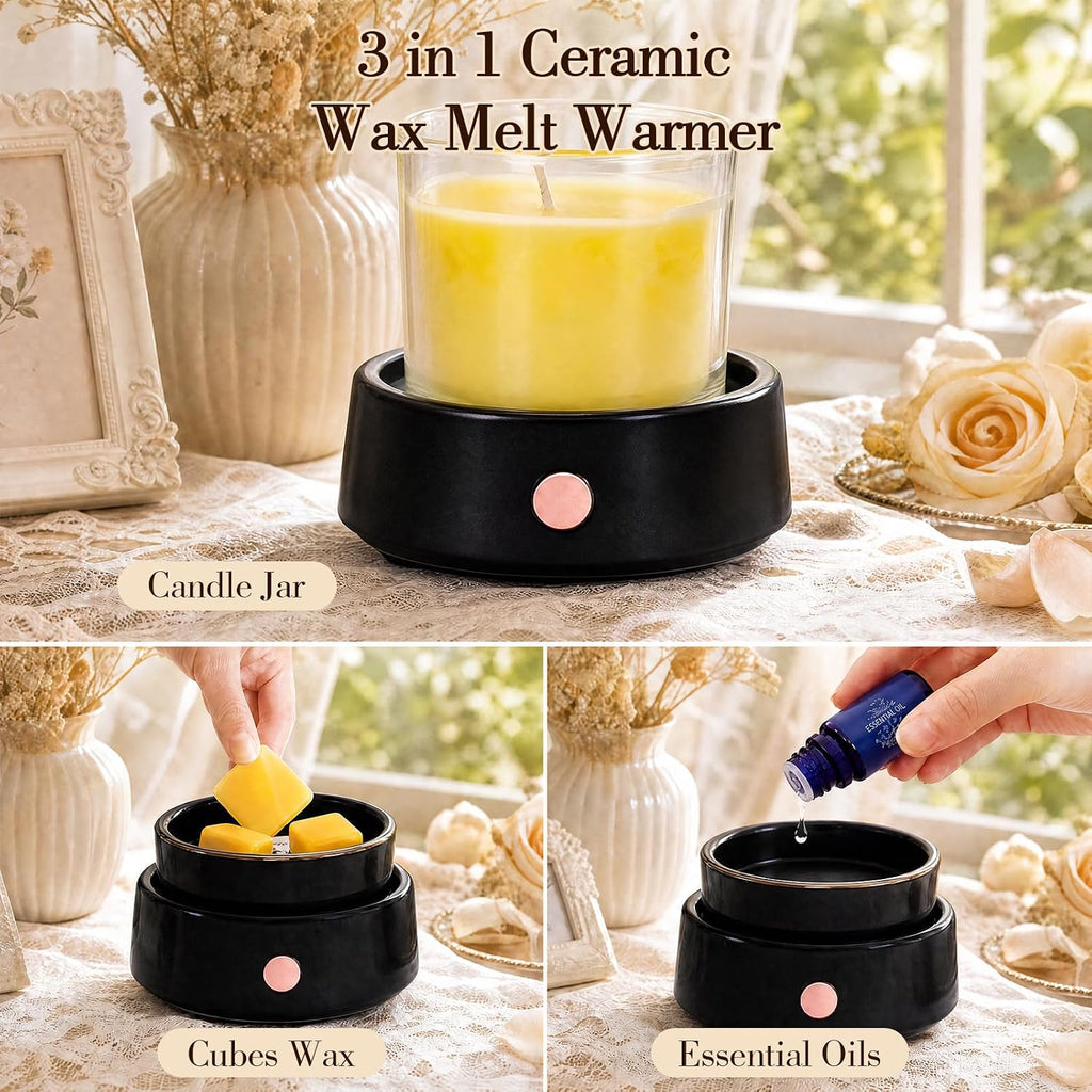 Electric Candle Warmer Ceramic Wax Melt Warmer Burner 3-in-1 Candle Warmer Plate for Scented Wax Jars Home Decor Fragrance Melter Birthday Gifts for Women Mom